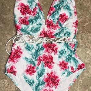 Floral One Piece Plunge Swimsuit Lace-Up Middle Size Small